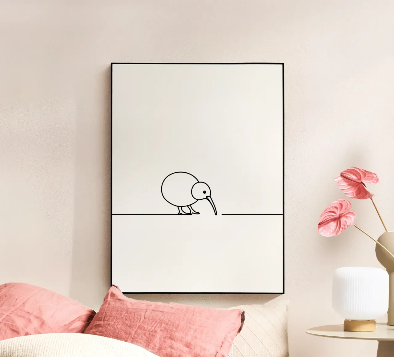 Dibujo lineal minimalista de un pájaro kiwi metacrilato de Viv Line Art
