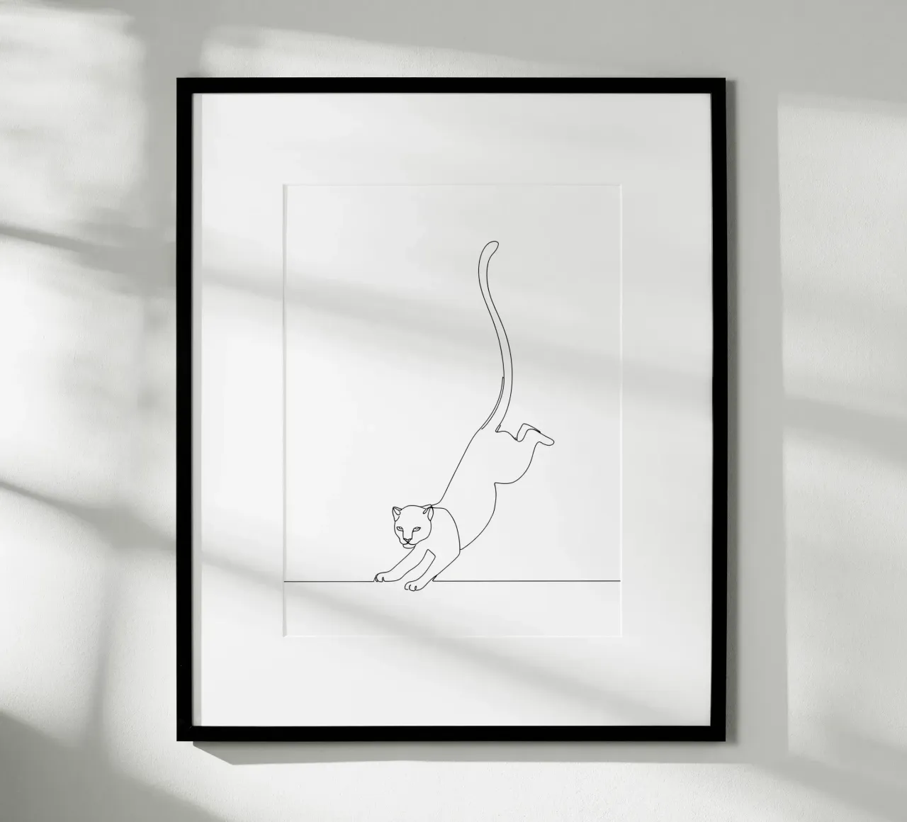 Gatto che atterra Disegno lineare minimalista poster con telaio in alluminio da Viv Line Art