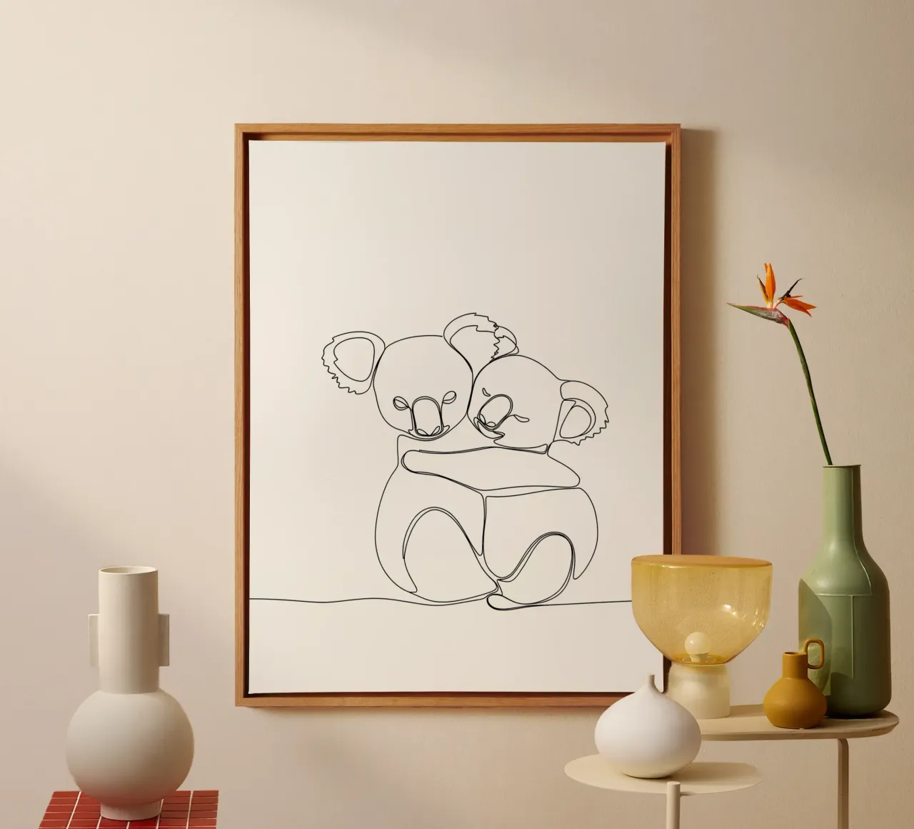 Two Koalas Hugging Minimalist Line Art Drawing canvas with Floater frame by Viv Line Art