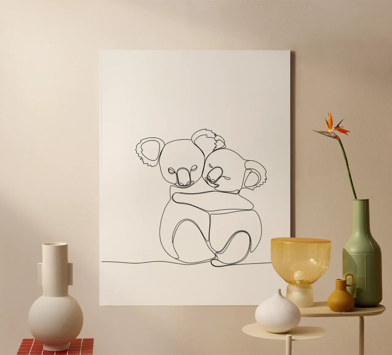 Two Koalas Hugging Minimalist Line Art Drawing canvas with Floater frame by Viv Line Art
