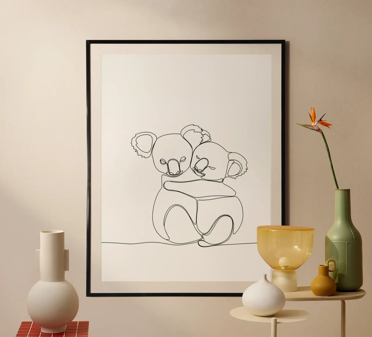 Due koala che si abbracciano Disegno minimalista di arte lineare poster da Viv Line Art