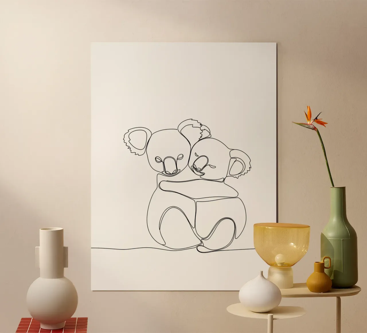 Deux Koalas s'embrassant Dessin au trait minimaliste poster avec cadre en bois de Viv Line Art
