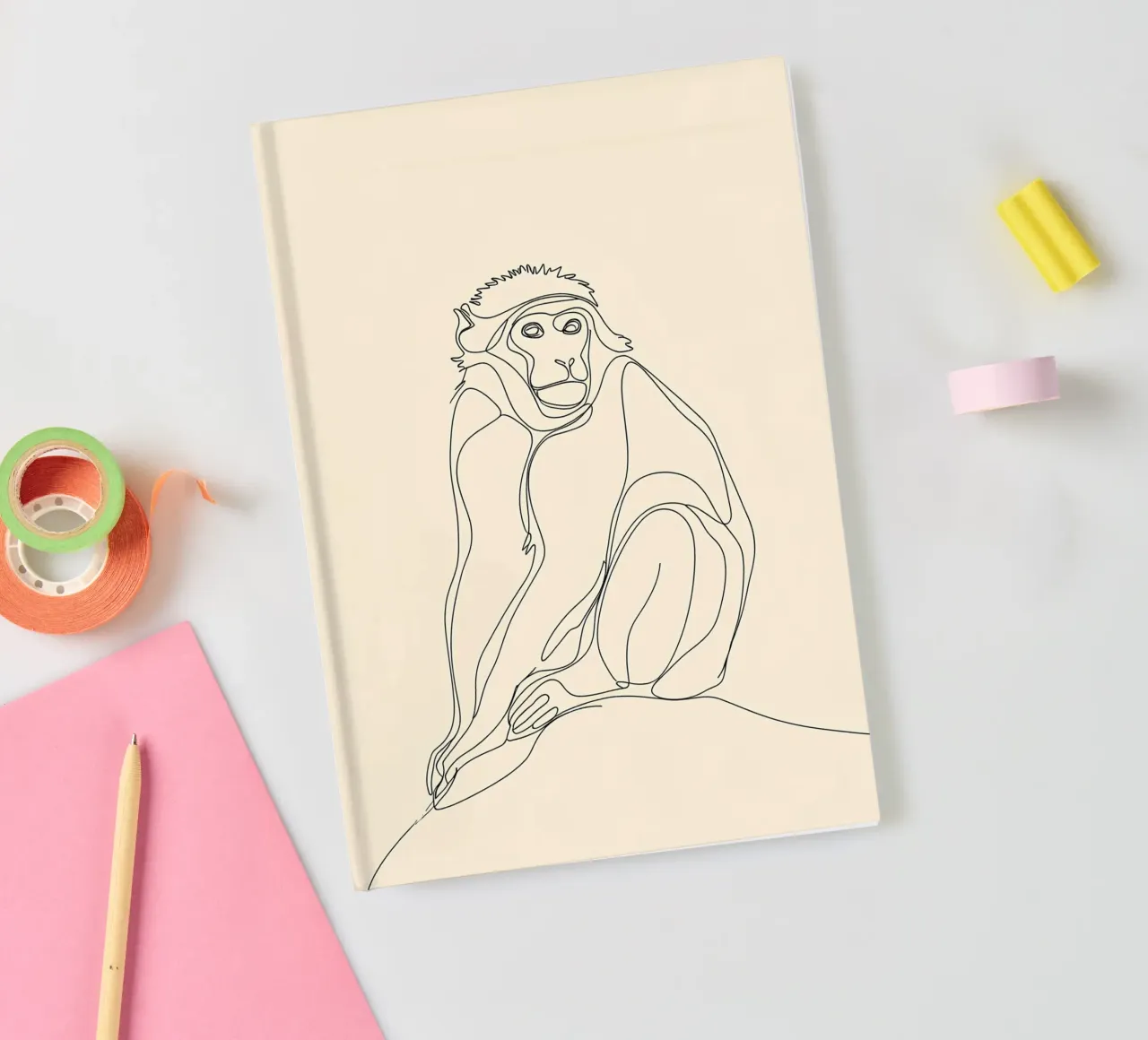 Monkey Sitting Minimalist Line Art Drawing notebook by Viv Line Art
