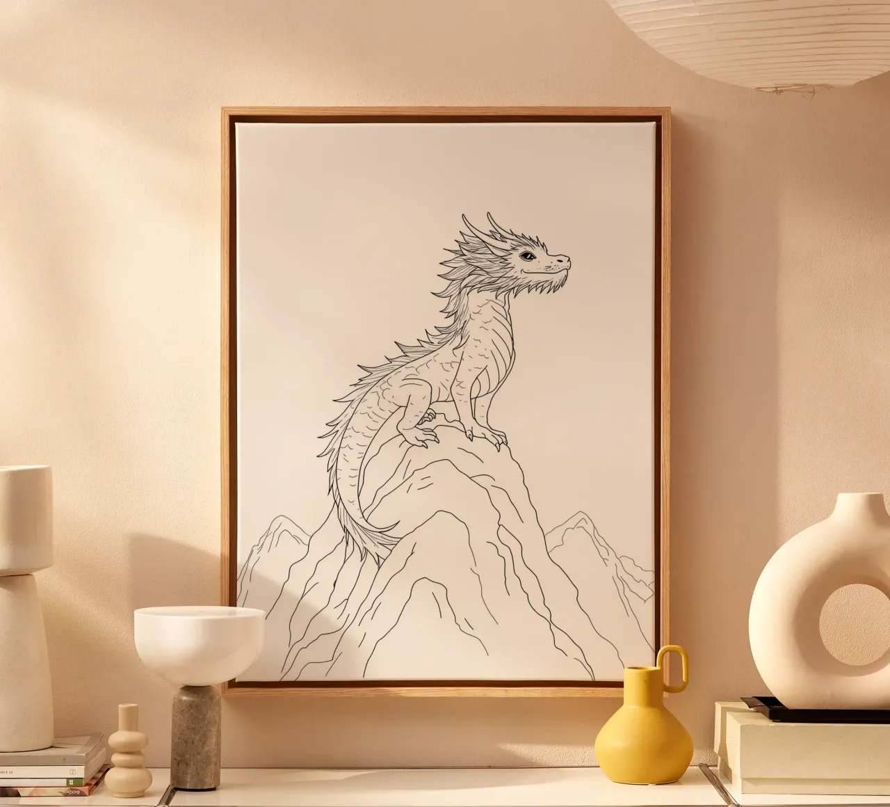 Drache auf dem Berg Minimalistische Linienkunst Zeichnung Leinwand mit Schattenfugenrahmen von Viv Line Art