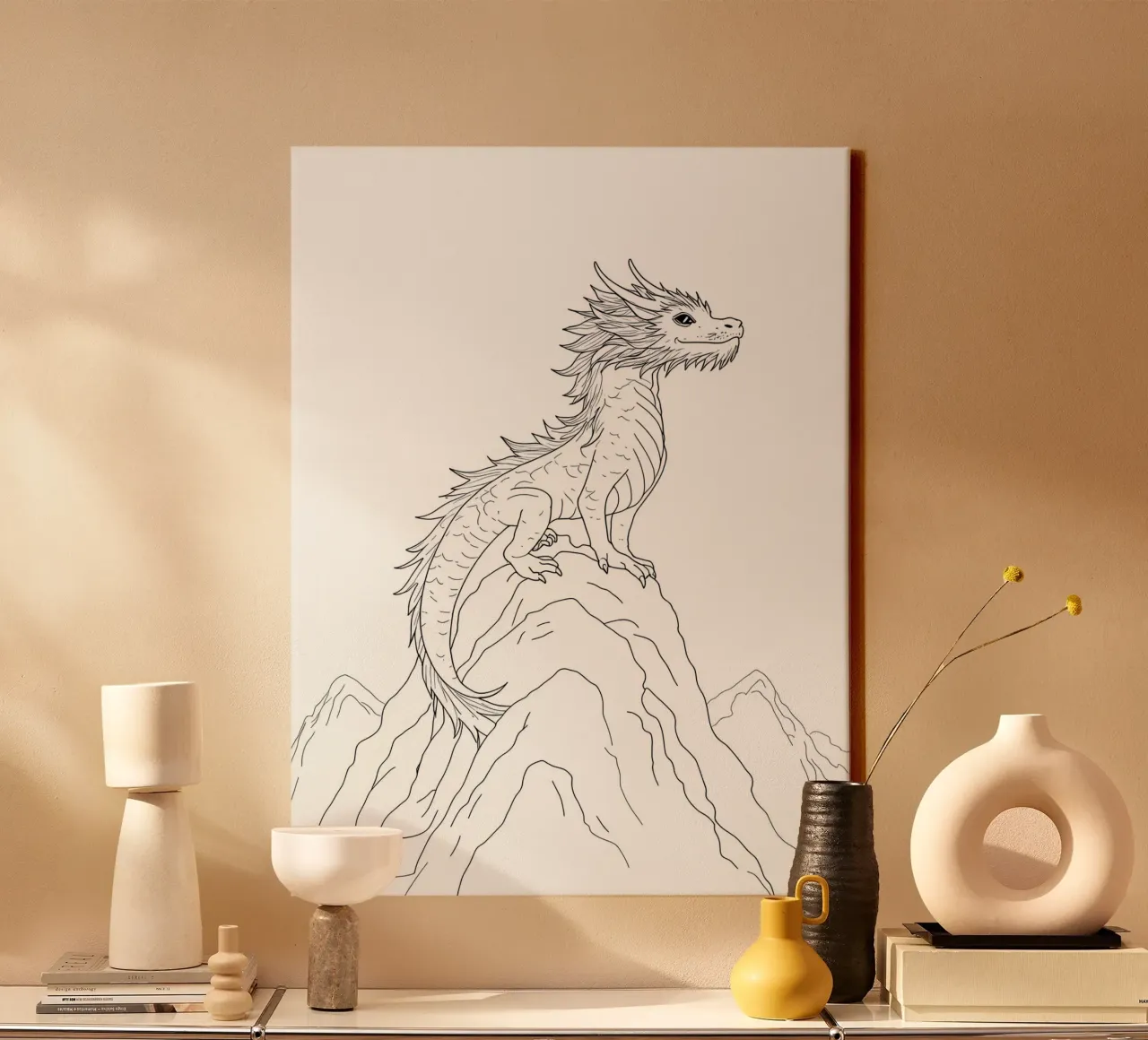 Drache auf dem Berg Minimalistische Linienkunst Zeichnung Leinwand mit Schattenfugenrahmen von Viv Line Art