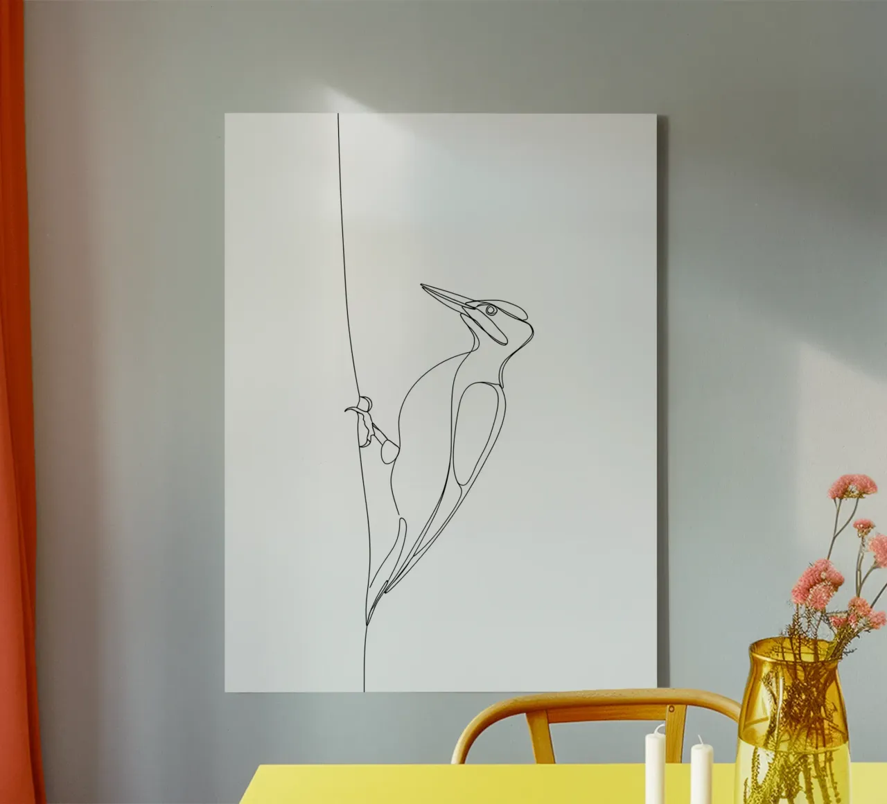Woodpecker on a Tree Minimalist Line Art Drawing canvas by Viv Line Art