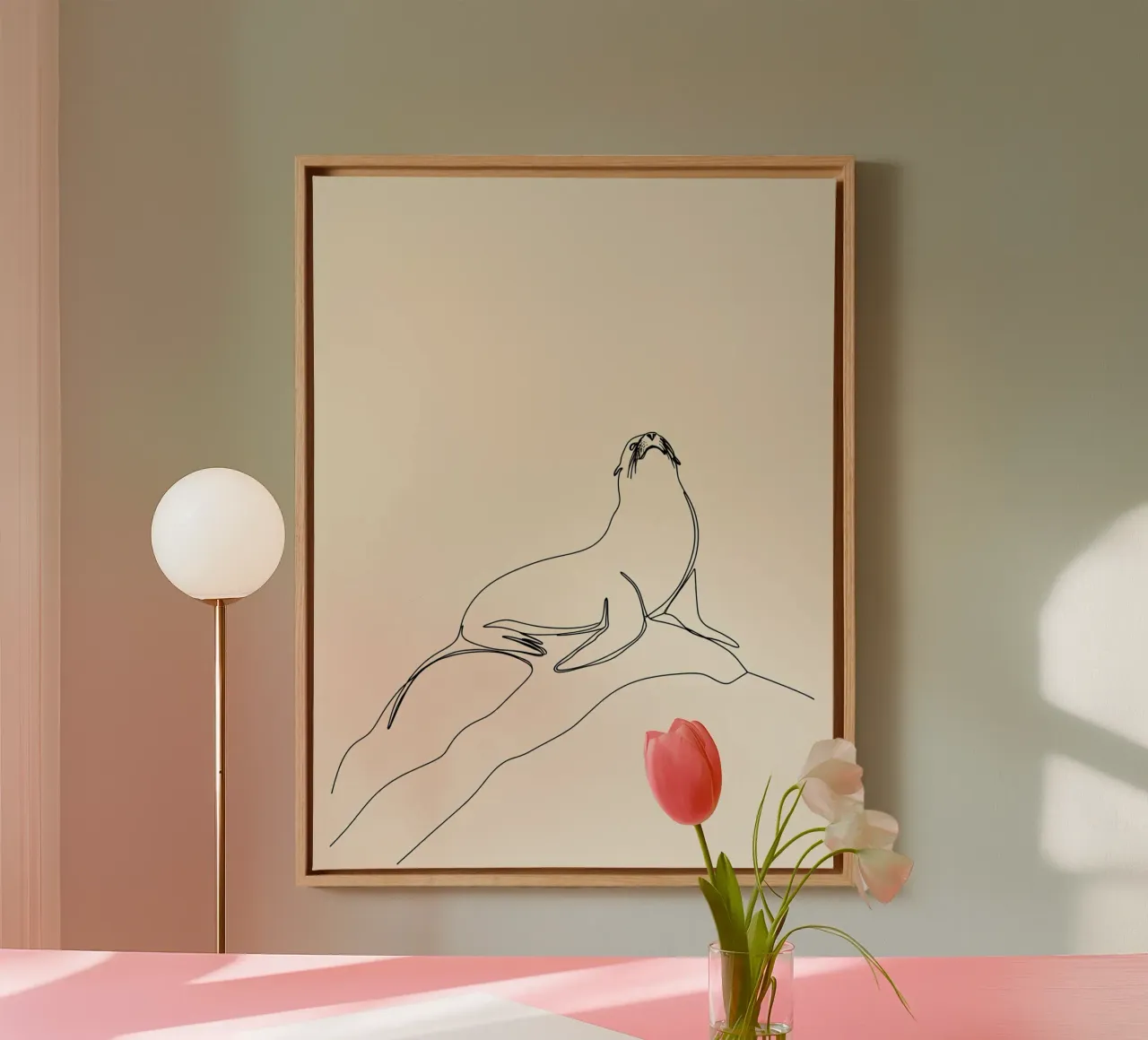 Seal on the Rock Minimalist Line Art Drawing canvas with Floater frame by Viv Line Art