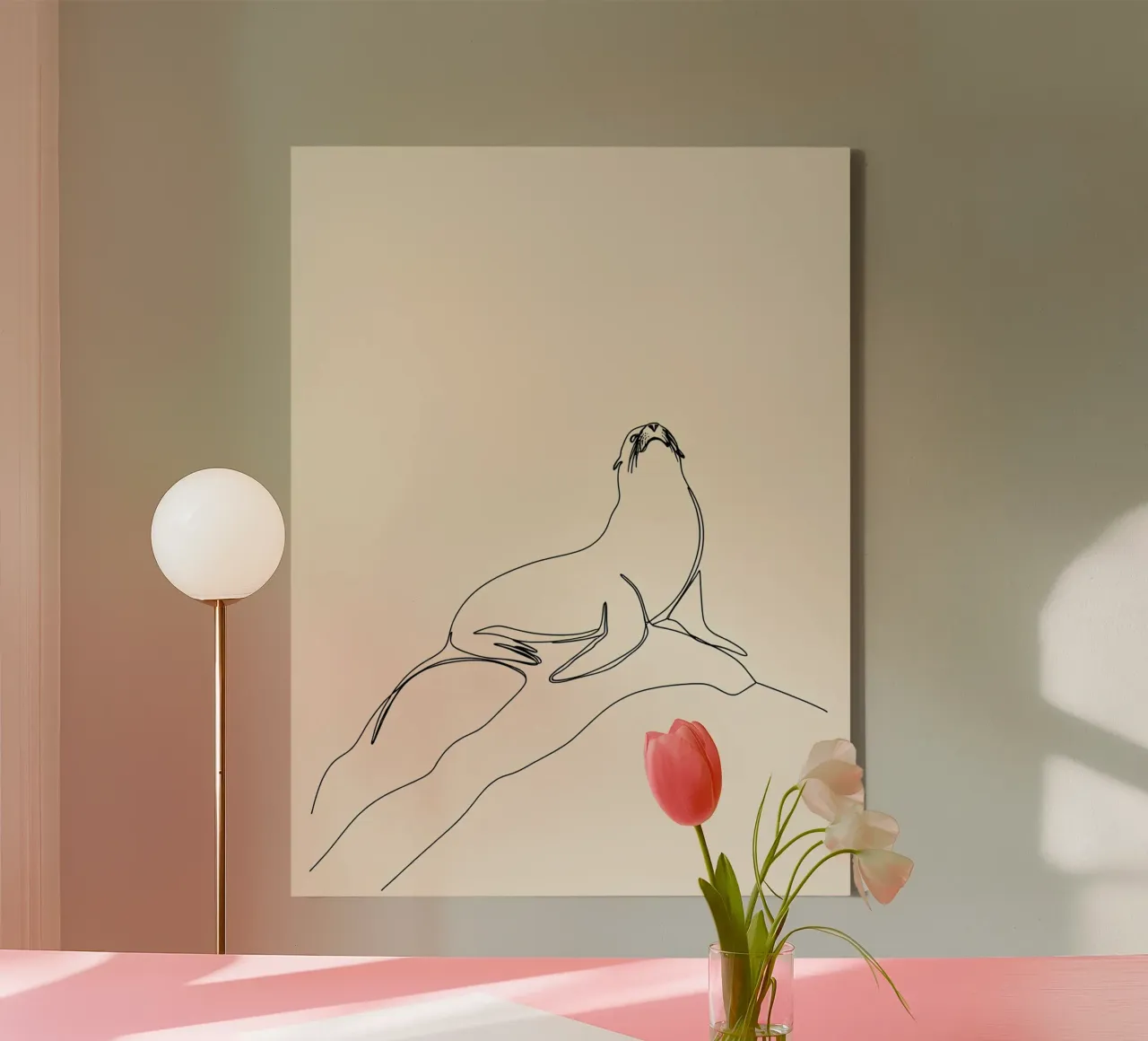Seal on the Rock Minimalist Line Art Drawing canvas with Floater frame by Viv Line Art