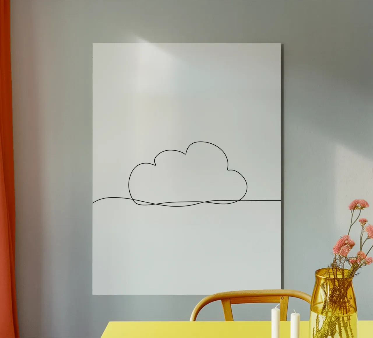 Disegno artistico minimalista di una singola linea di nuvole alluminio dibond da Viv Line Art