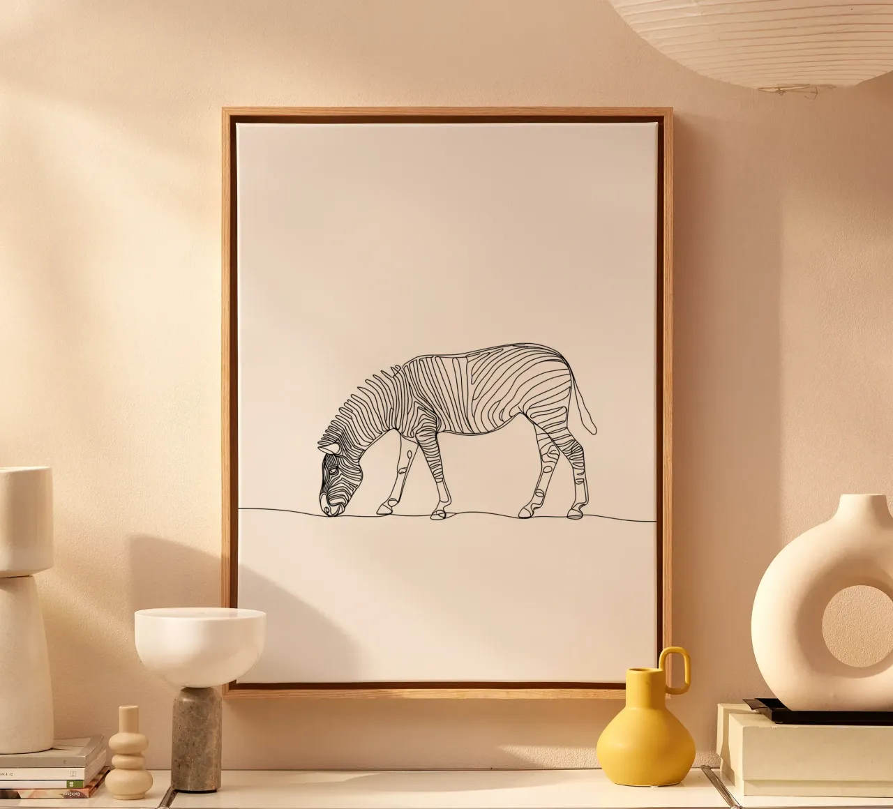 Zebra Grazing Minimalist Line Art Drawing canvas with Floater frame by Viv Line Art