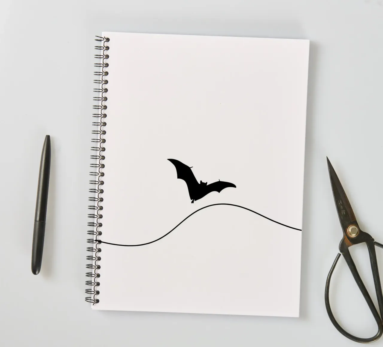 Bat in the Sky Minimalist Line Art Drawing spiral notebook by Viv Line Art