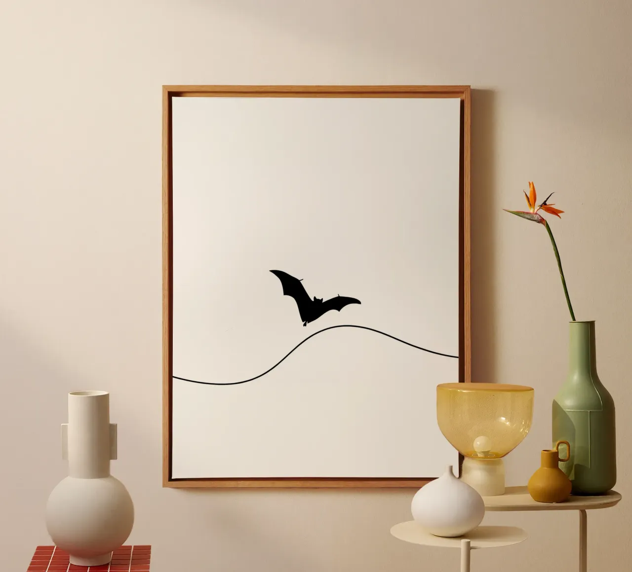 Bat in the Sky Minimalist Line Art Drawing canvas with Floater frame by Viv Line Art