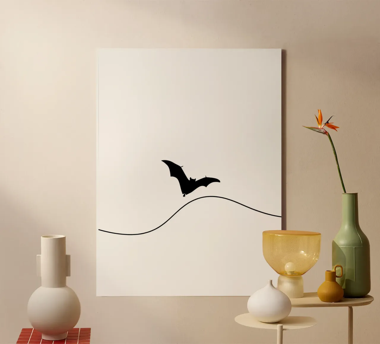 Bat in the Sky Minimalist Line Art Drawing canvas with Floater frame by Viv Line Art