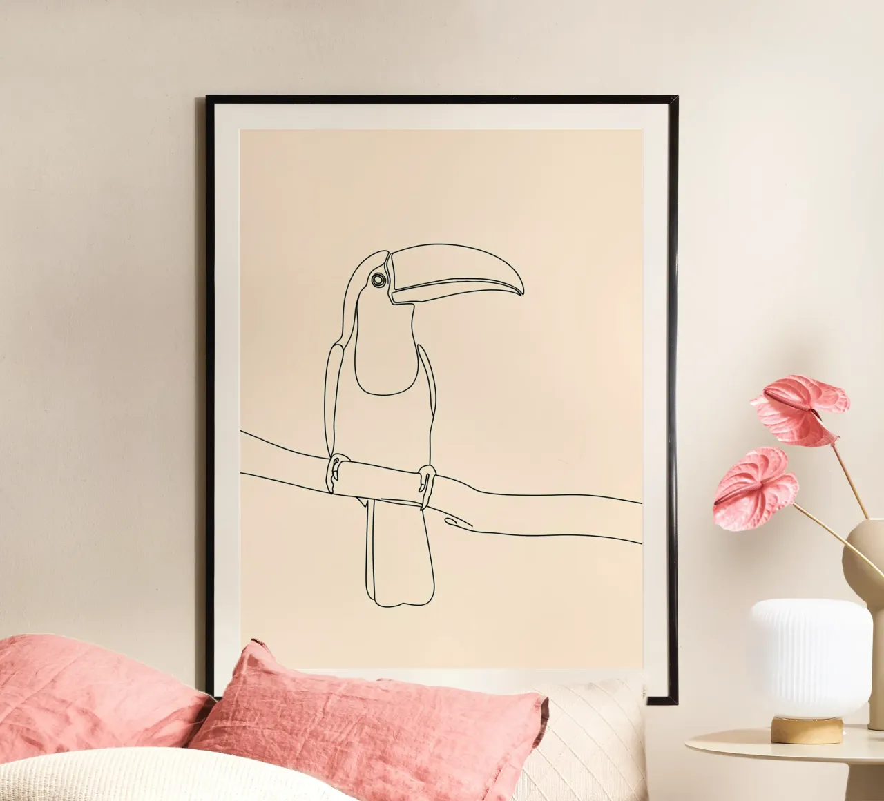 Toucan sur une branche Dessin au trait minimaliste poster de Viv Line Art