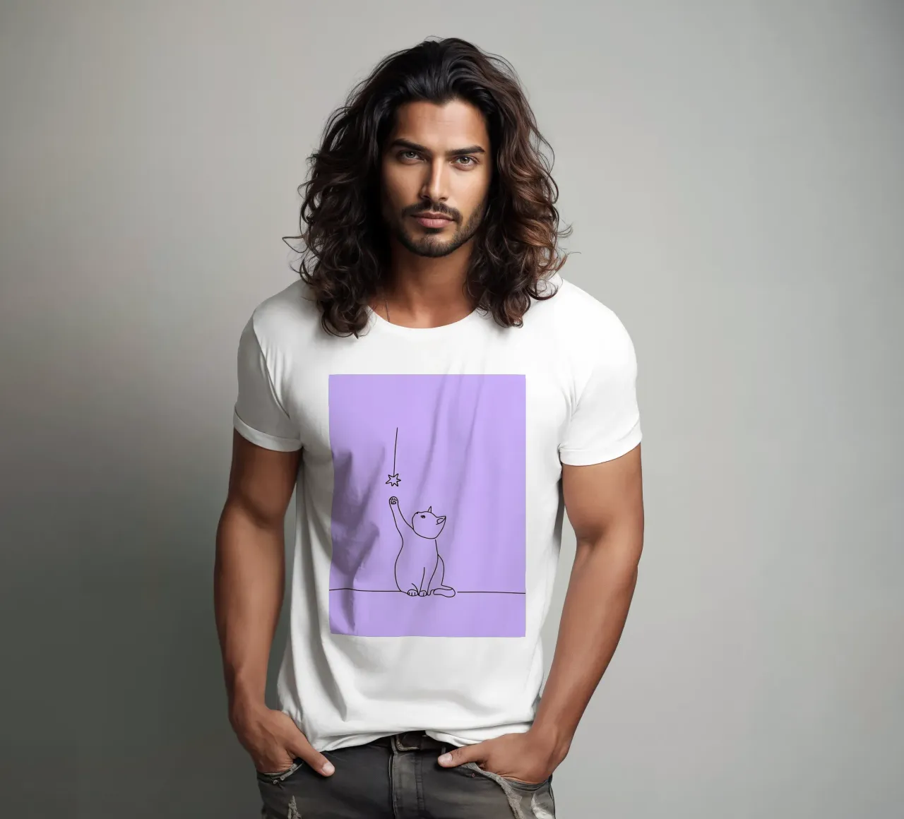 Chat atteignant l'étoile Dessin au trait minimaliste t-shirt de Viv Line Art