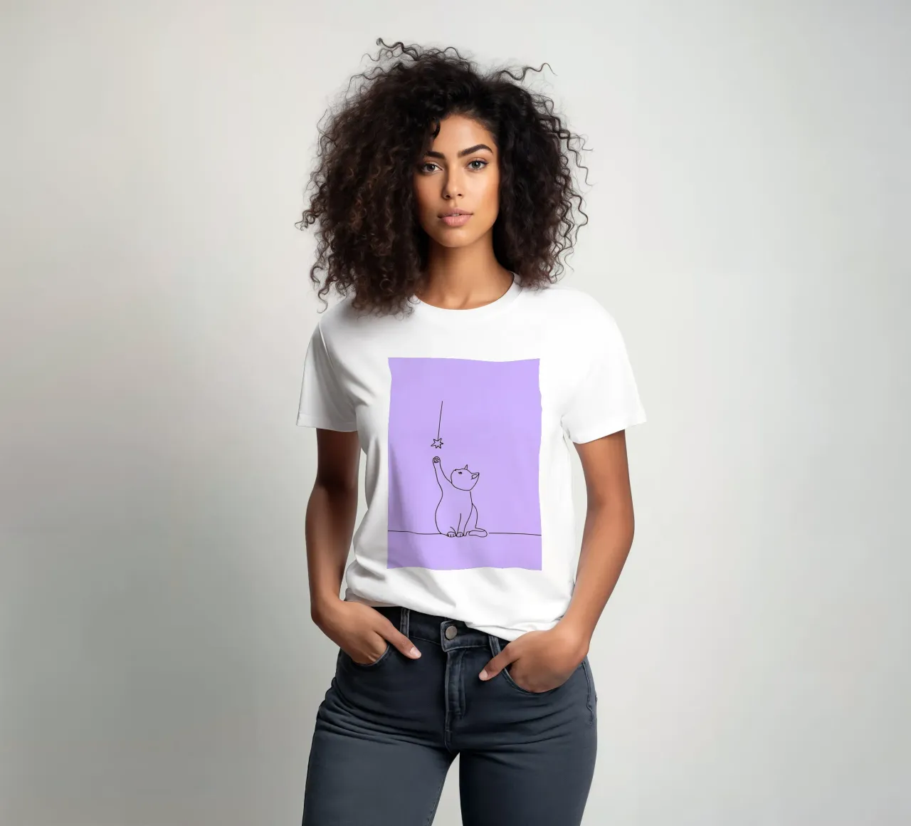 Chat atteignant l'étoile Dessin au trait minimaliste t-shirt de Viv Line Art