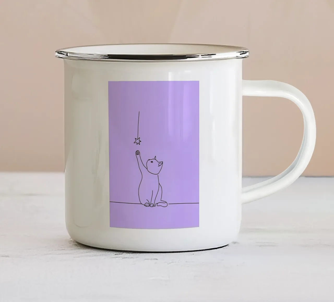 Chat atteignant l'étoile Dessin au trait minimaliste mug en émail de Viv Line Art