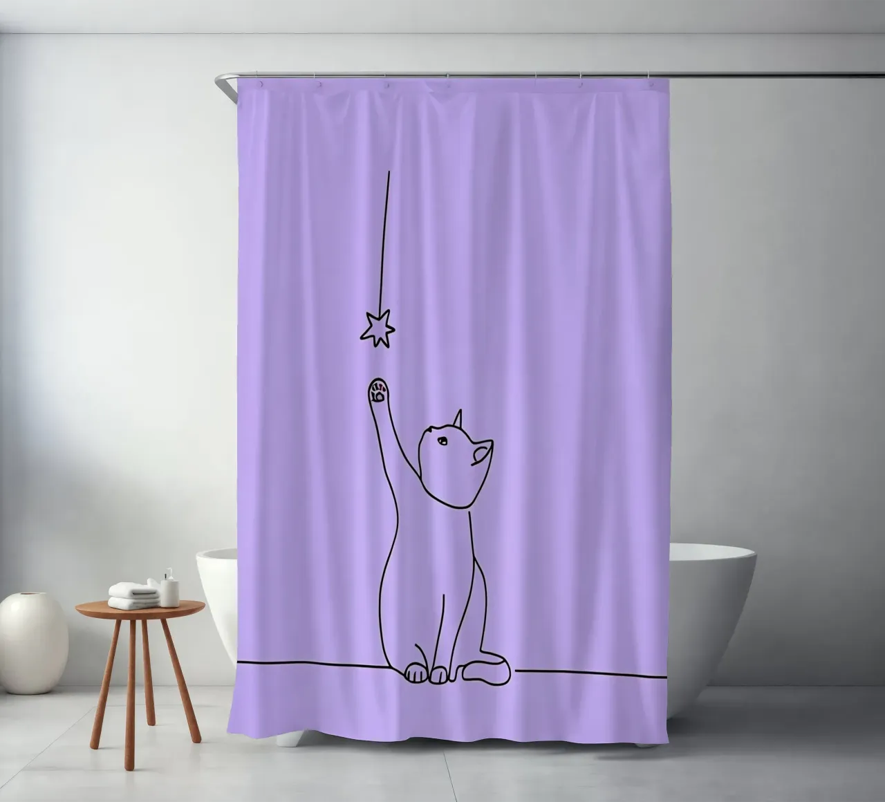 Chat atteignant l'étoile Dessin au trait minimaliste rideau de douche de Viv Line Art