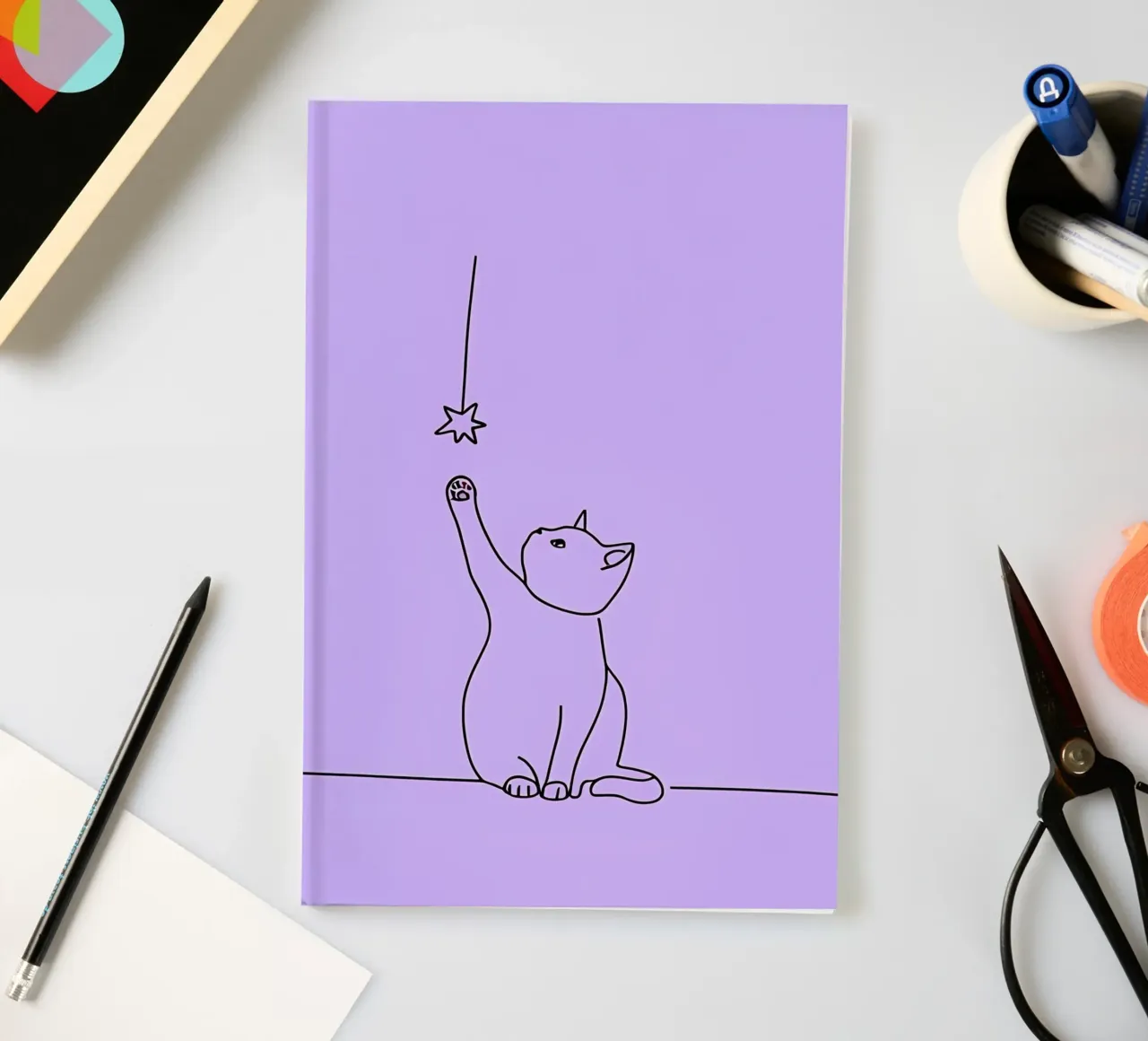 Chat atteignant l'étoile Dessin au trait minimaliste carnet de notes de Viv Line Art