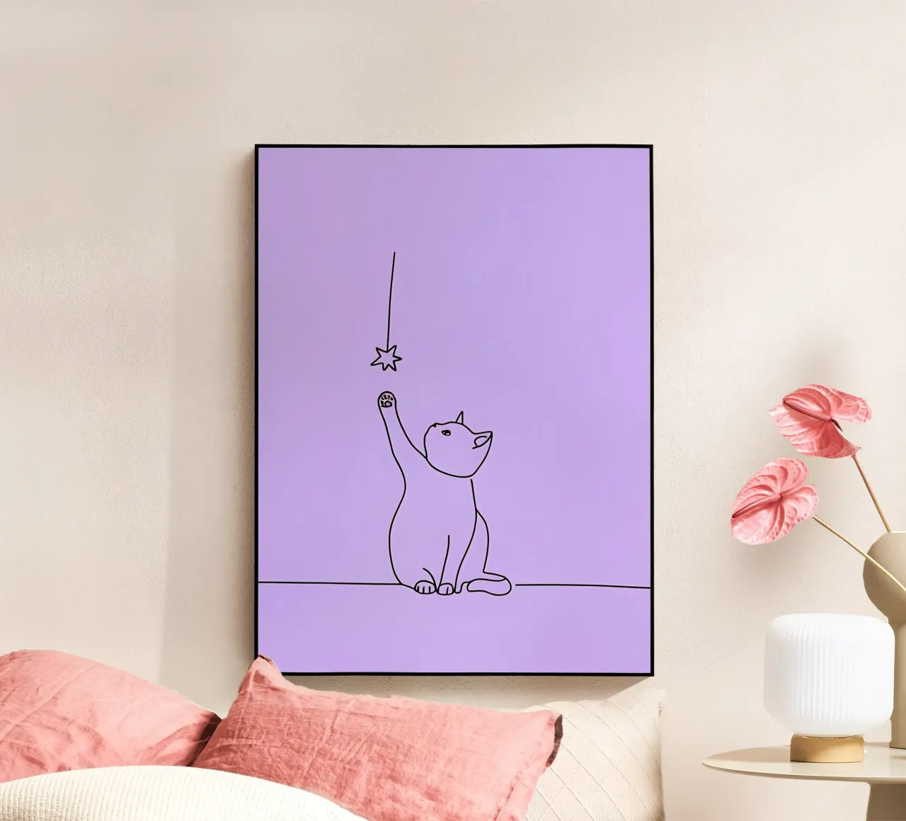 Chat atteignant l'étoile Dessin au trait minimaliste plexiglas de Viv Line Art