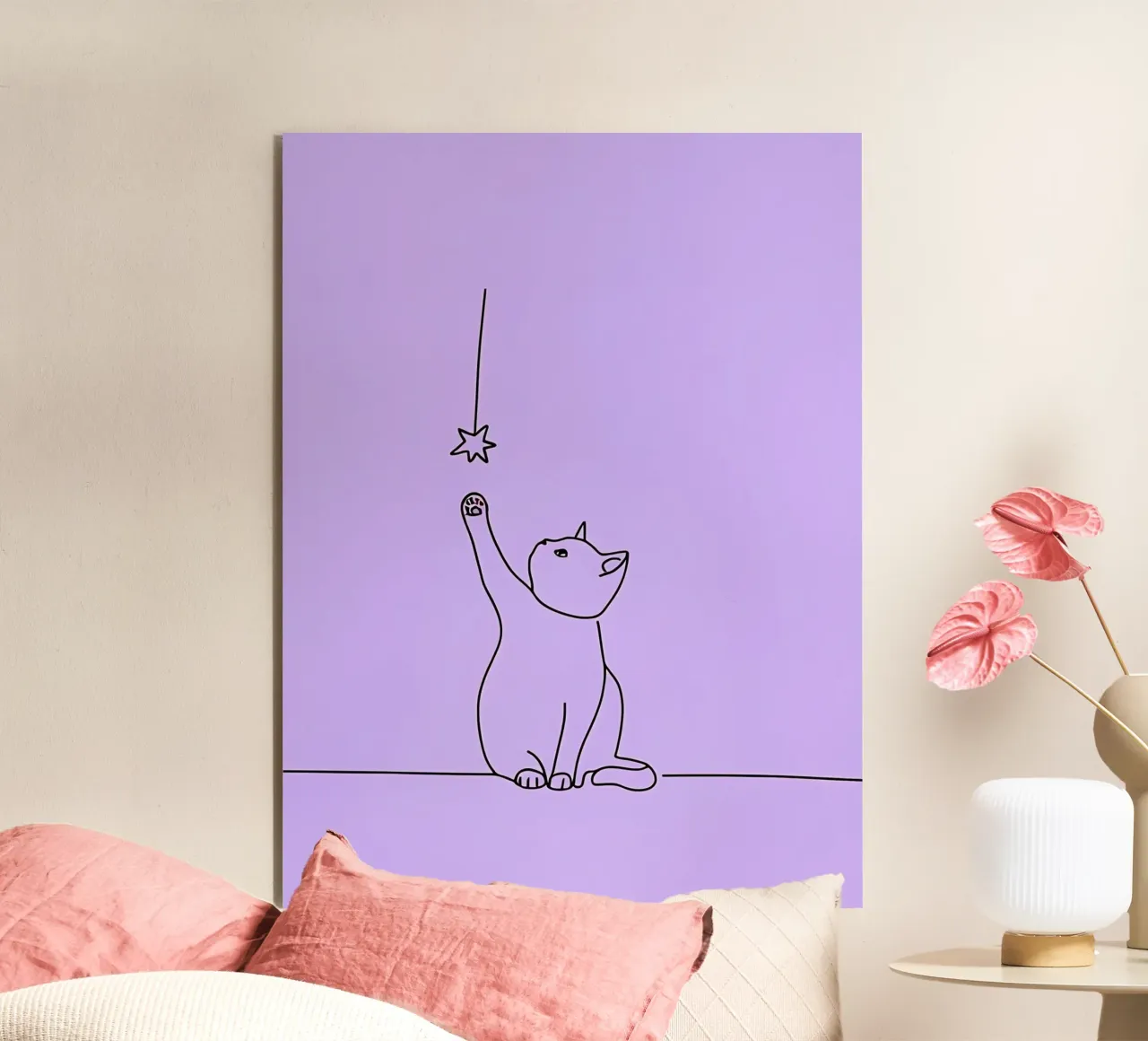 Chat atteignant l'étoile Dessin au trait minimaliste alu dibond de Viv Line Art
