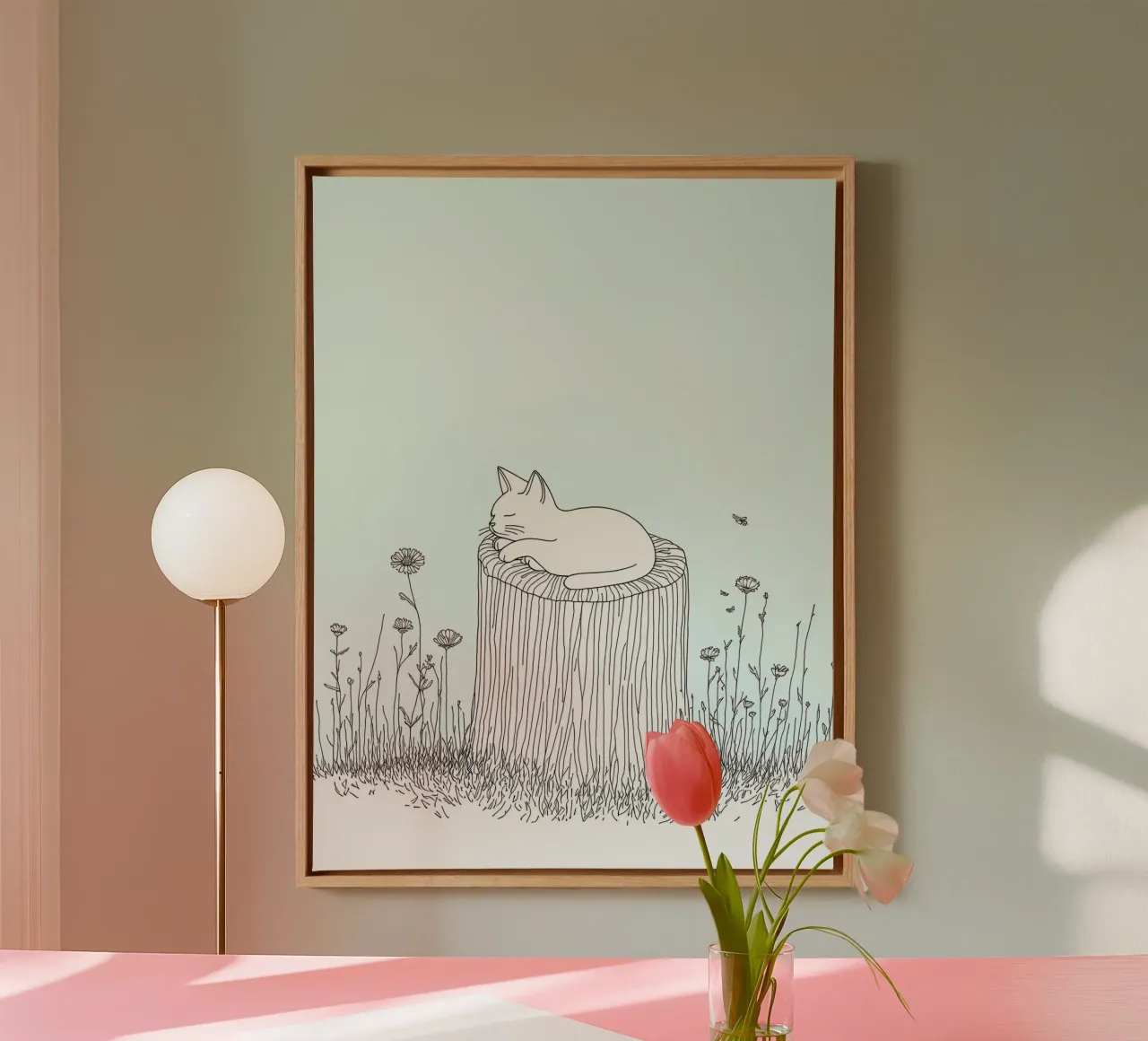 Cat Sleeping on the Tree Stump Minimalist Line Art Drawing canvas with Floater frame by Viv Line Art