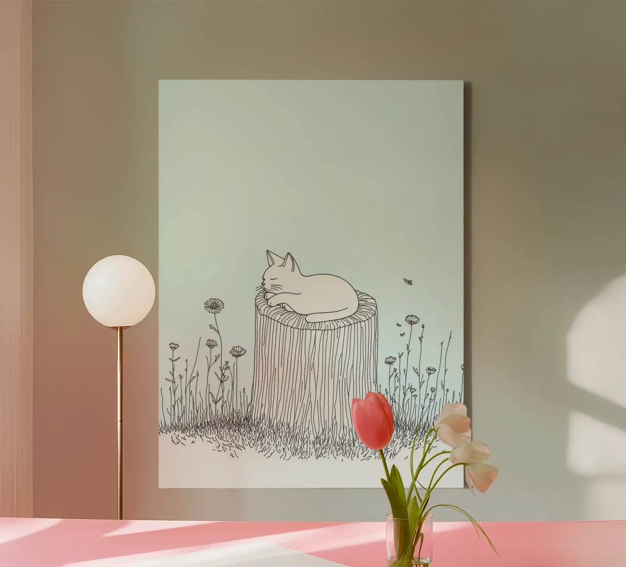 Cat Sleeping on the Tree Stump Minimalist Line Art Drawing canvas with Floater frame by Viv Line Art