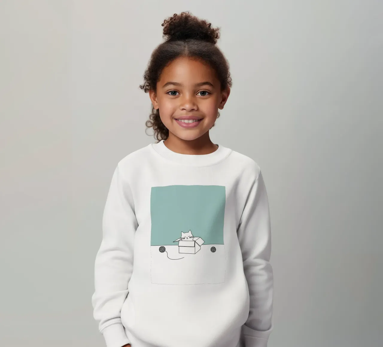 Cat in a Box with Yarn Balls Minimalist Line Art Drawing kids sweatshirt by Viv Line Art