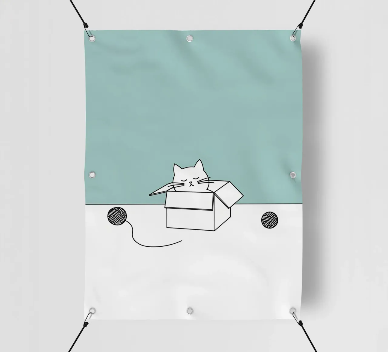 Chat dans une boîte avec des pelotes de laine Dessin minimaliste au trait bâche pvc de Viv Line Art