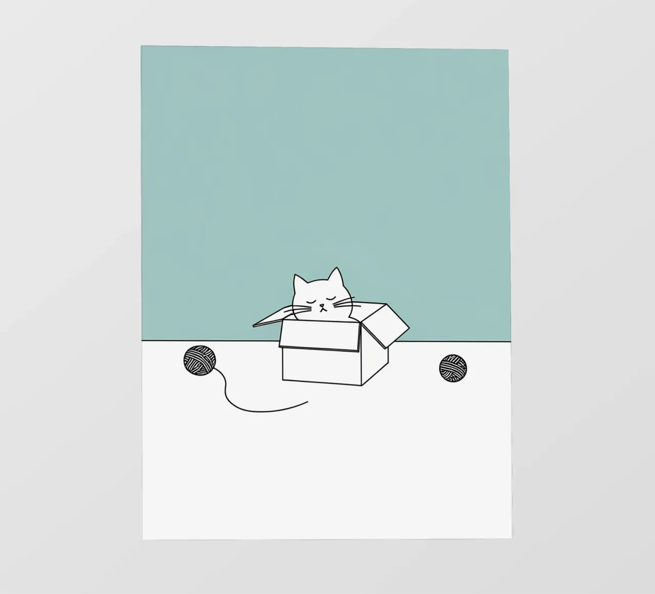 Chat dans une boîte avec des pelotes de laine Dessin minimaliste au trait bâche pvc de Viv Line Art