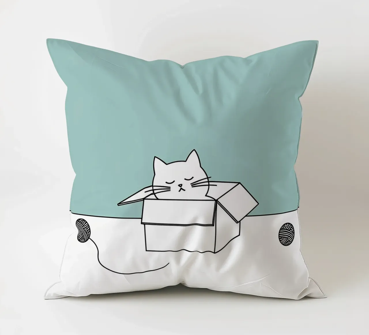 Cat in a Box with Yarn Balls Minimalist Line Art Drawing decorative cushion by Viv Line Art