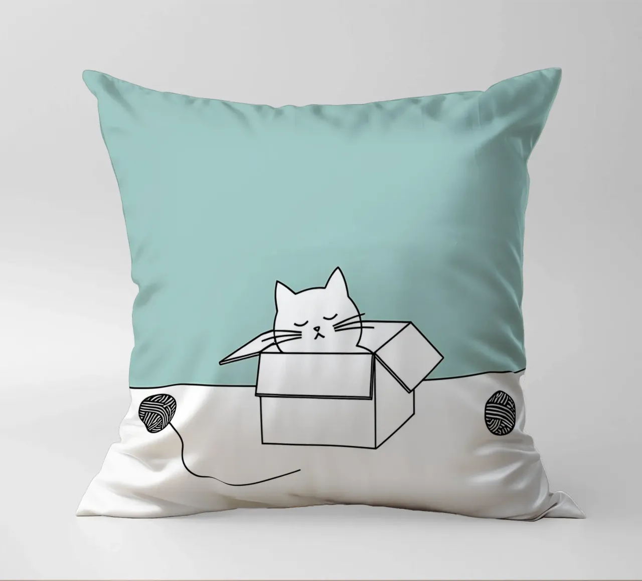 Cat in a Box with Yarn Balls Minimalist Line Art Drawing decorative cushion by Viv Line Art