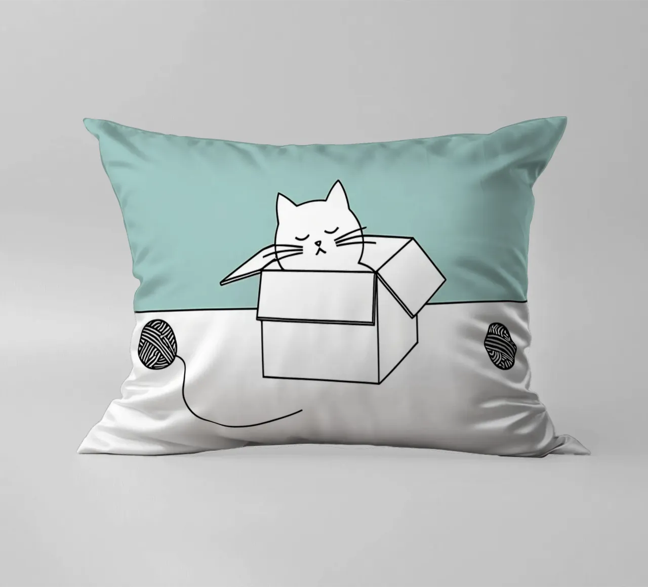 Cat in a Box with Yarn Balls Minimalist Line Art Drawing decorative cushion by Viv Line Art