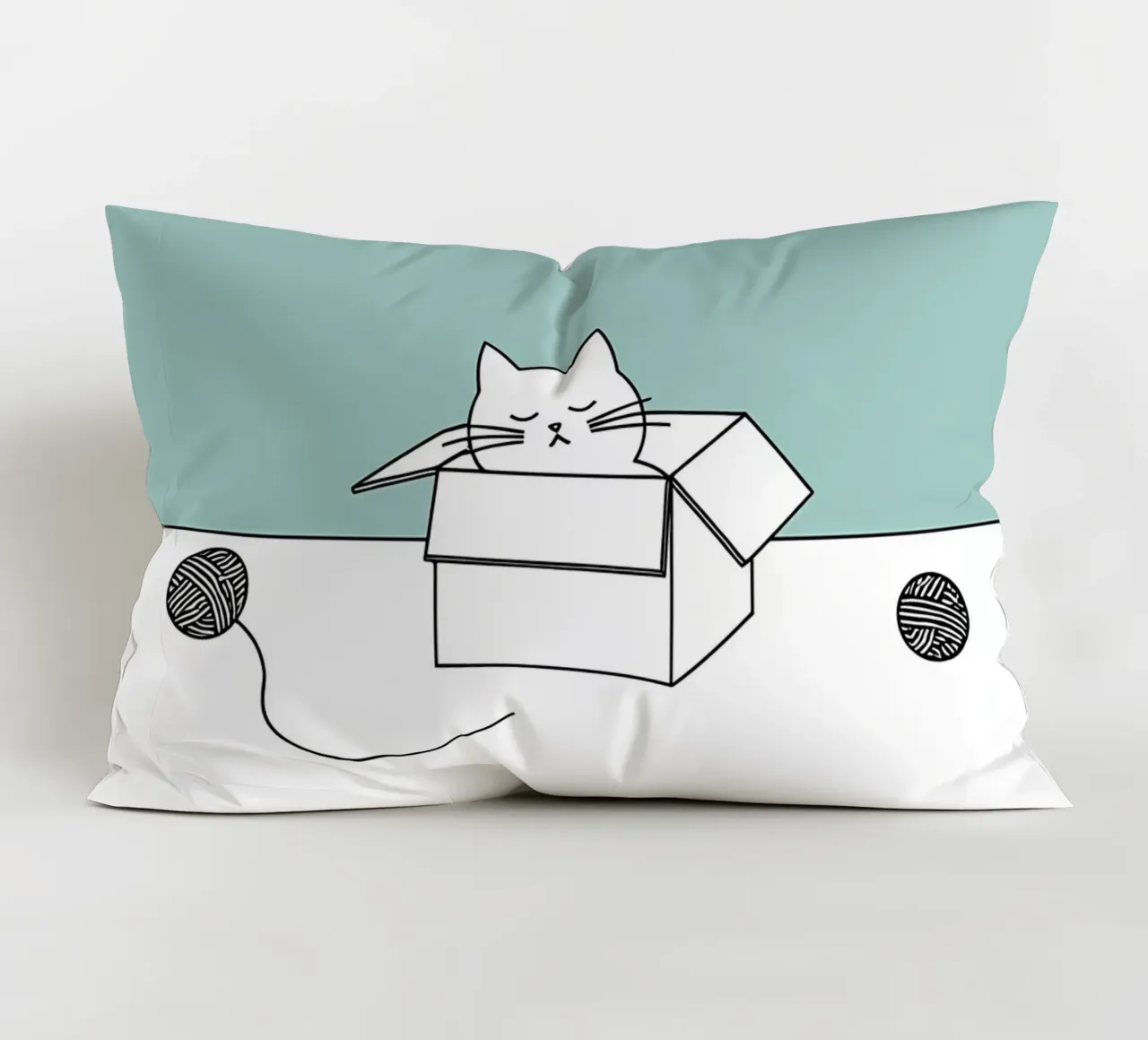 Cat in a Box with Yarn Balls Minimalist Line Art Drawing decorative cushion by Viv Line Art