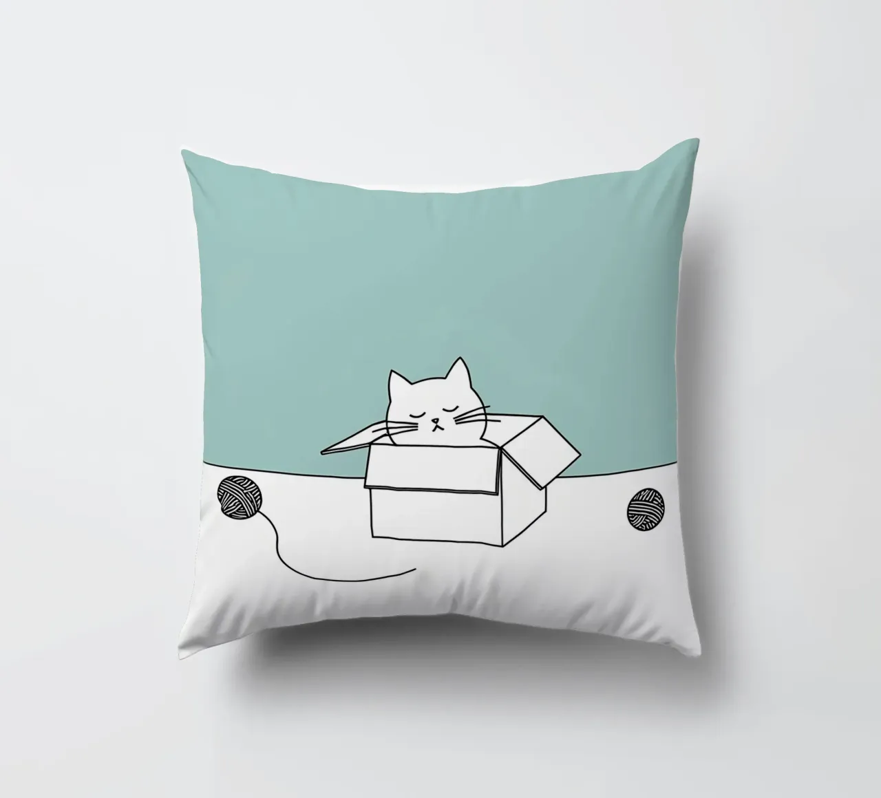 Cat in a Box with Yarn Balls Minimalist Line Art Drawing decorative cushion by Viv Line Art