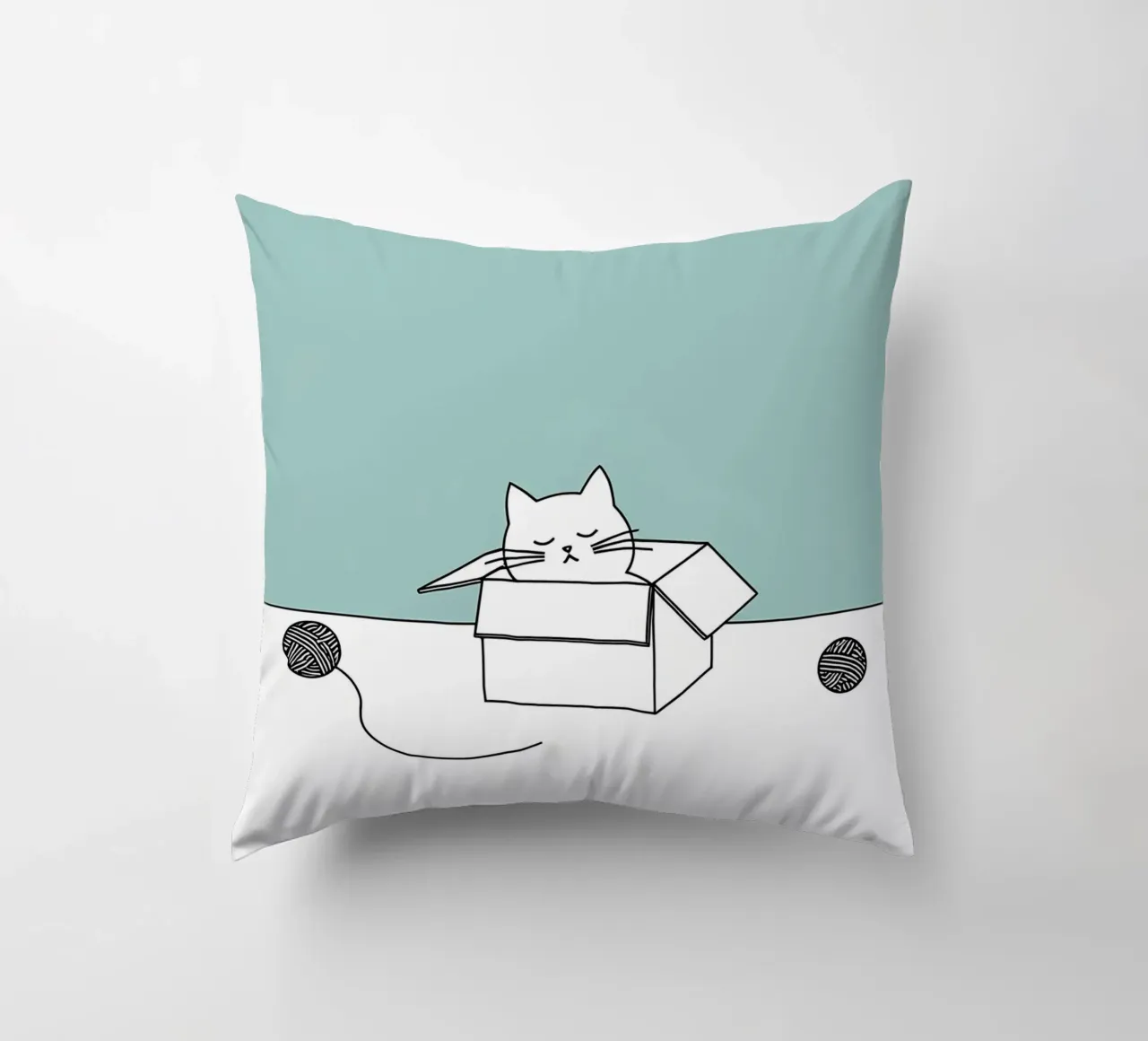 Cat in a Box with Yarn Balls Minimalist Line Art Drawing decorative cushion by Viv Line Art