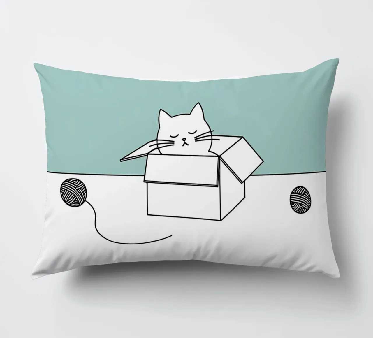 Cat in a Box with Yarn Balls Minimalist Line Art Drawing decorative cushion by Viv Line Art
