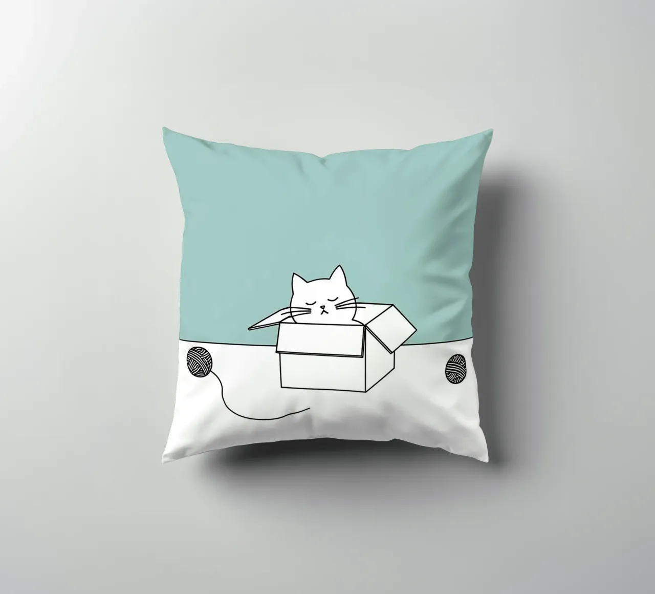 Cat in a Box with Yarn Balls Minimalist Line Art Drawing decorative cushion by Viv Line Art