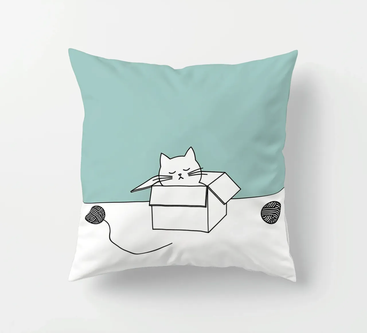 Cat in a Box with Yarn Balls Minimalist Line Art Drawing decorative cushion by Viv Line Art