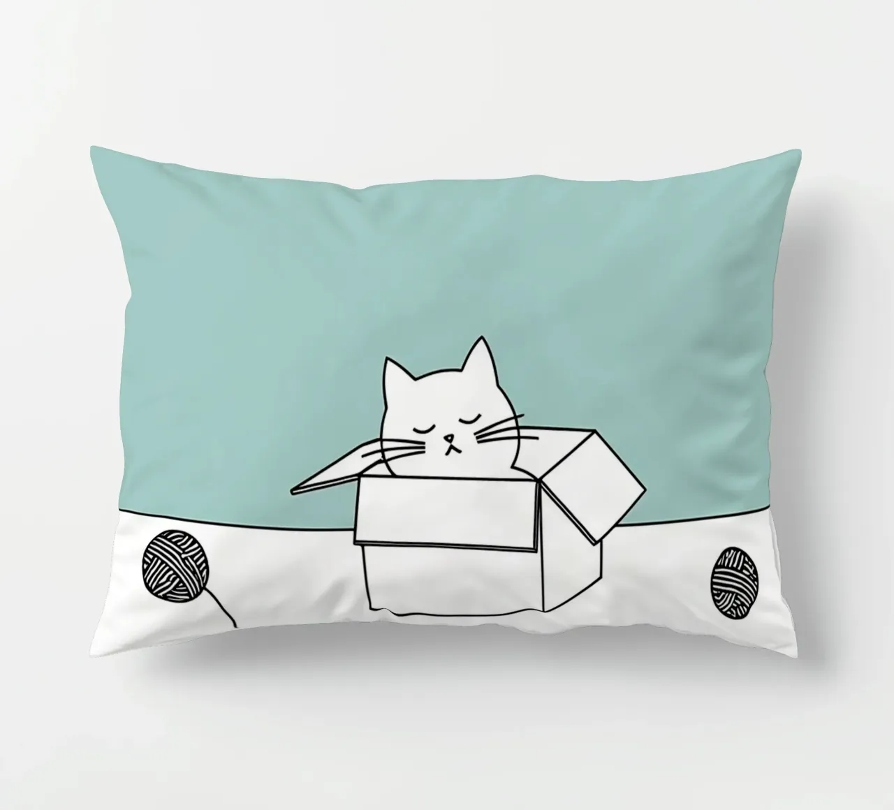 Cat in a Box with Yarn Balls Minimalist Line Art Drawing decorative cushion by Viv Line Art