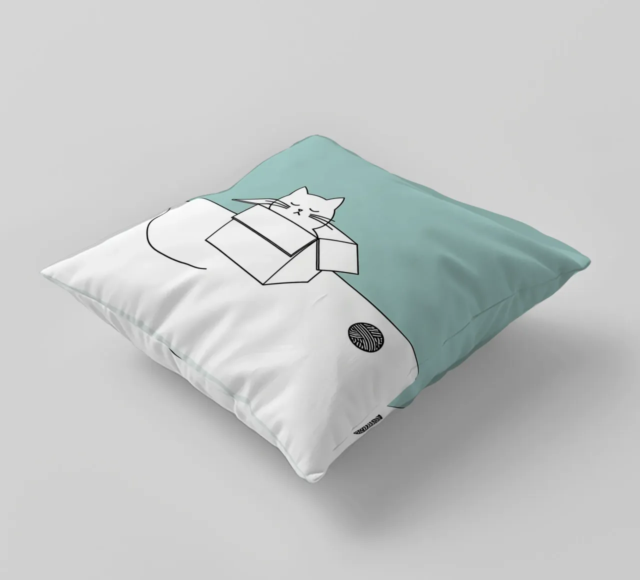 Cat in a Box with Yarn Balls Minimalist Line Art Drawing decorative cushion by Viv Line Art