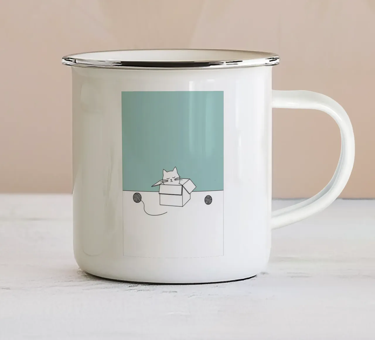 Chat dans une boîte avec des pelotes de laine Dessin minimaliste au trait mug en émail de Viv Line Art