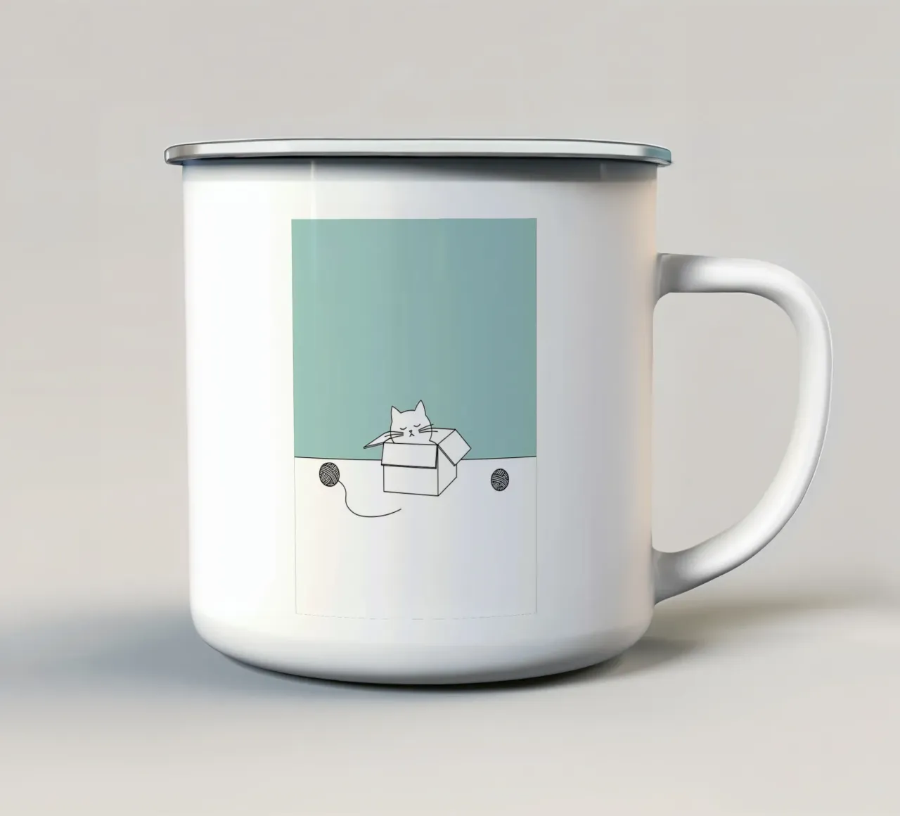Chat dans une boîte avec des pelotes de laine Dessin minimaliste au trait mug en émail de Viv Line Art