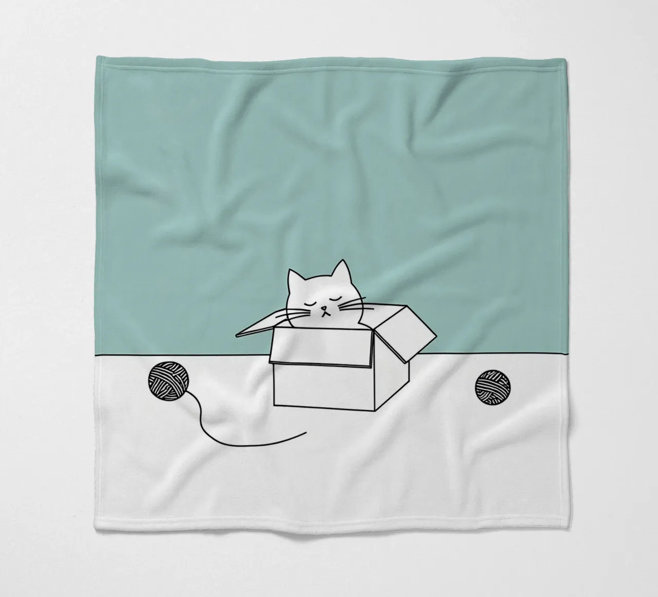 Cat in a Box with Yarn Balls Minimalist Line Art Drawing fleece blanket by Viv Line Art