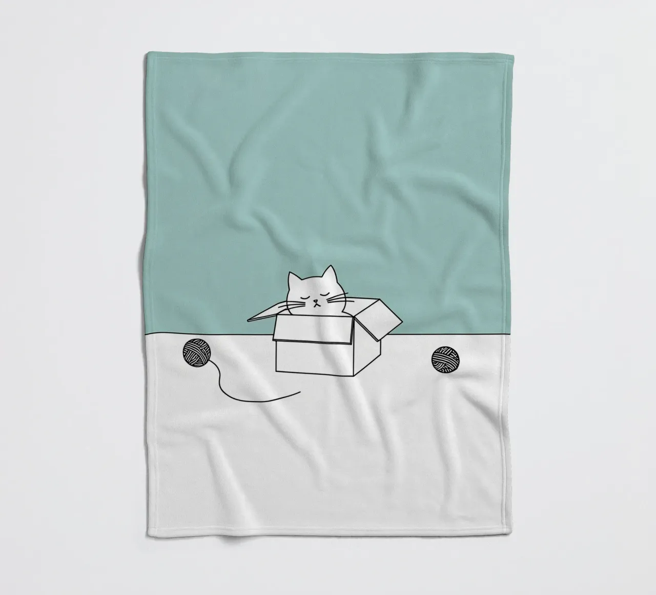 Cat in a Box with Yarn Balls Minimalist Line Art Drawing fleece blanket by Viv Line Art