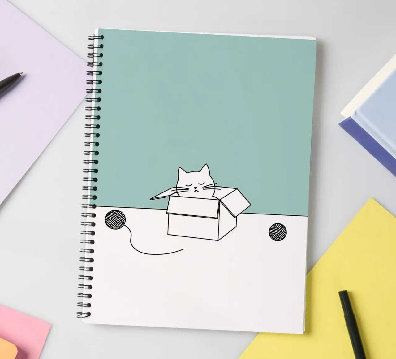 Cat in a Box with Yarn Balls Minimalist Line Art Drawing spiral notebook by Viv Line Art