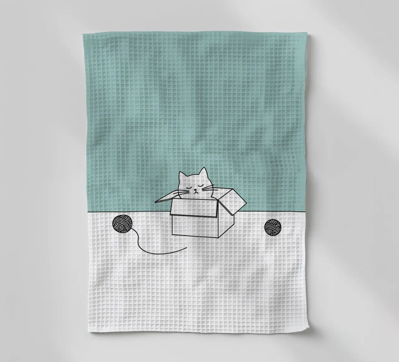 Gatto in scatola con gomitoli di filo Disegno lineare minimalista canovaccio da cucina da Viv Line Art