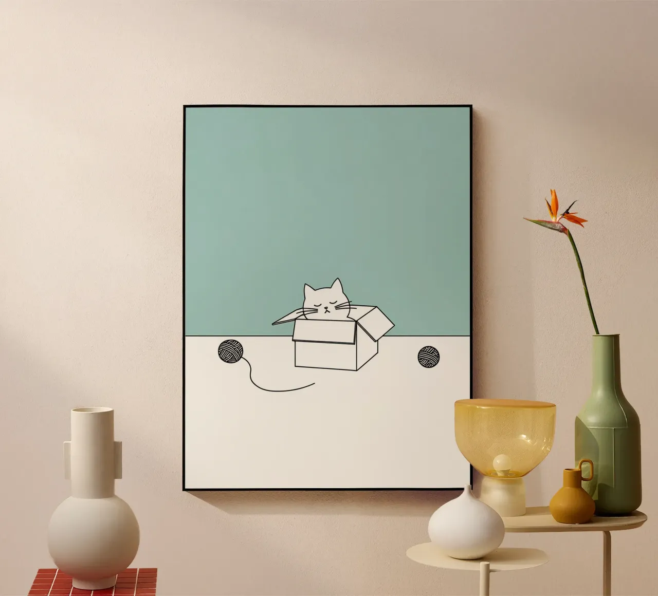 Katze in einer Box mit Garn Bälle Minimalist Line Art Zeichnung Acryl-Glas von Viv Line Art