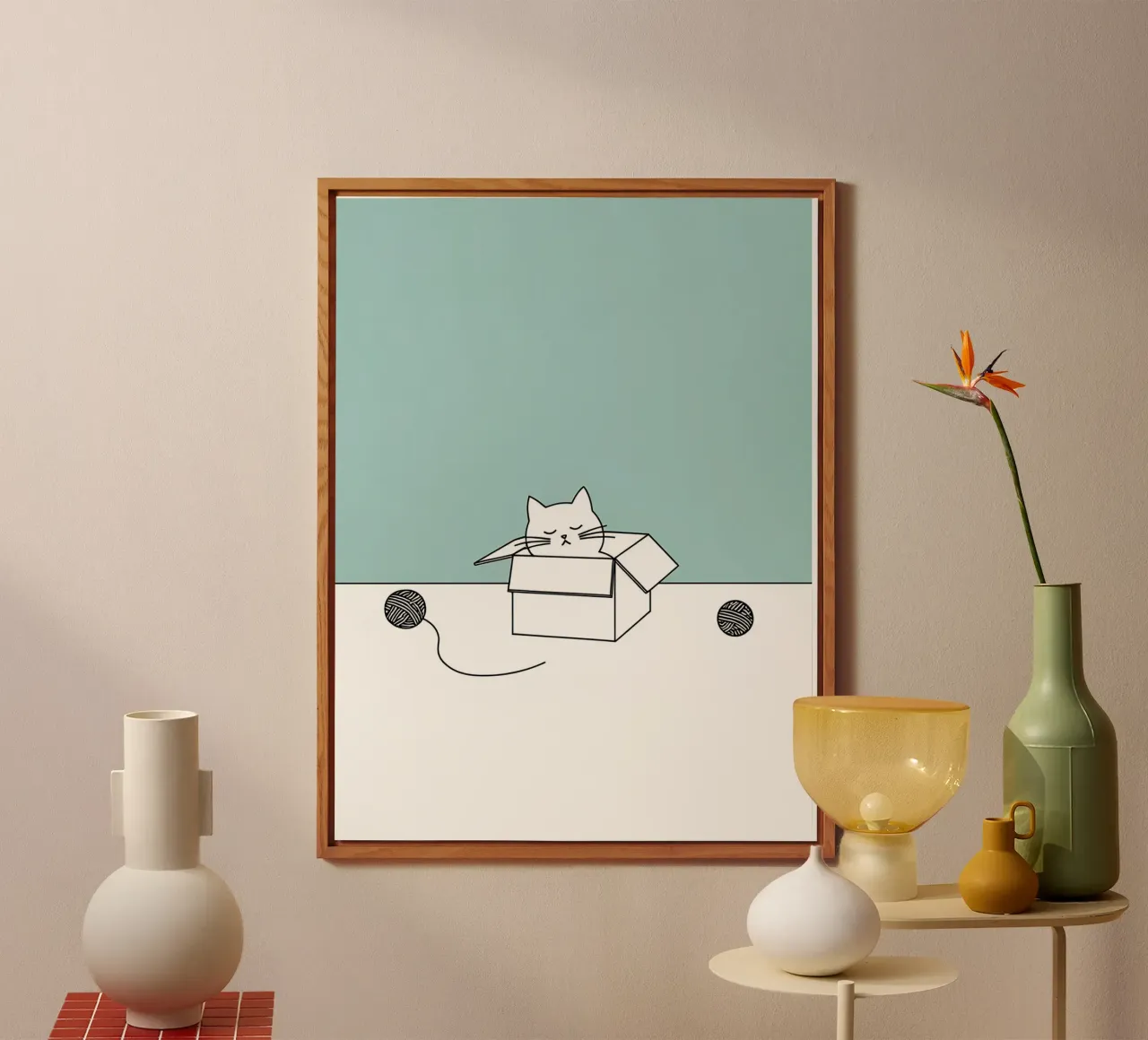Cat in a Box with Yarn Balls Minimalist Line Art Drawing alu-dibond by Viv Line Art