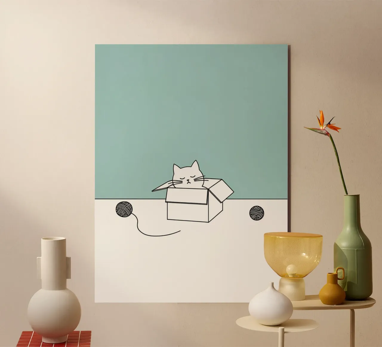 Cat in a Box with Yarn Balls Minimalist Line Art Drawing alu-dibond by Viv Line Art